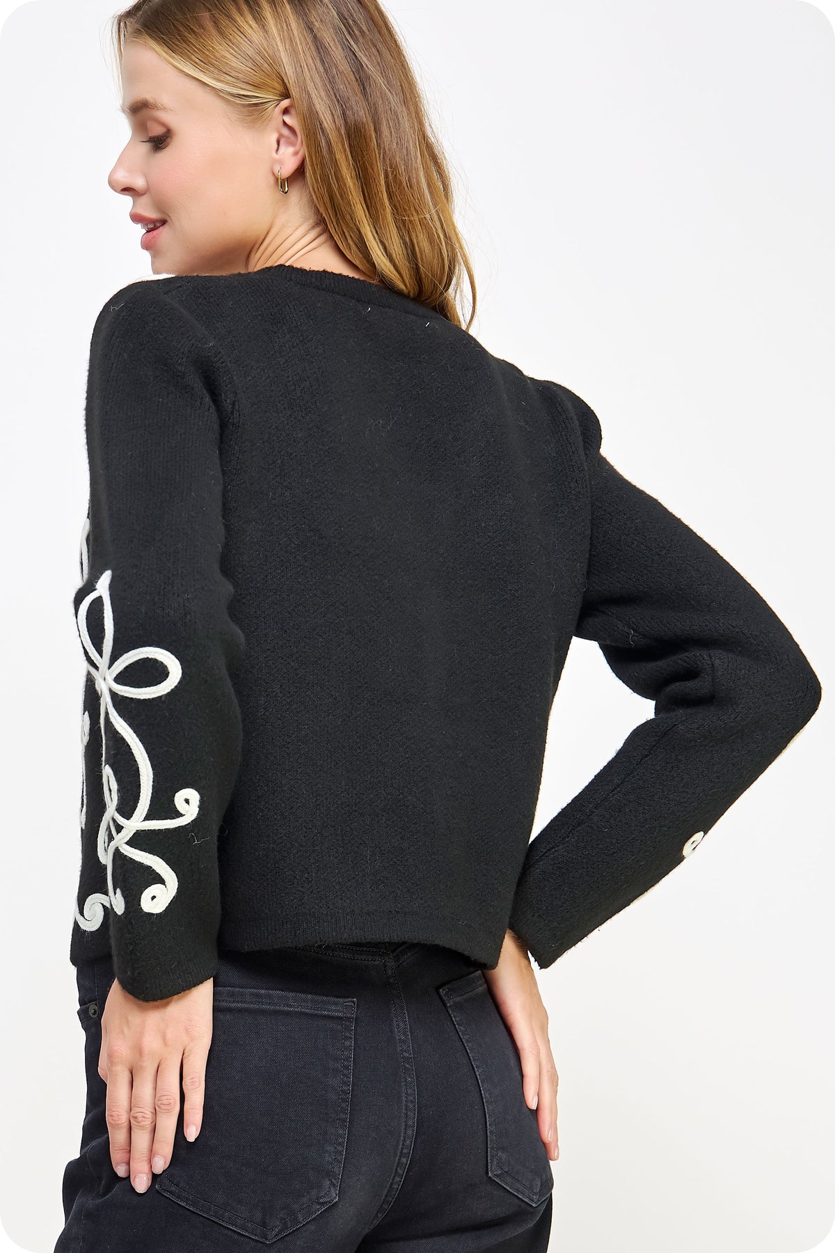 Contrast Squiggle Embroidered Cardigan Sweater in black/cream-back