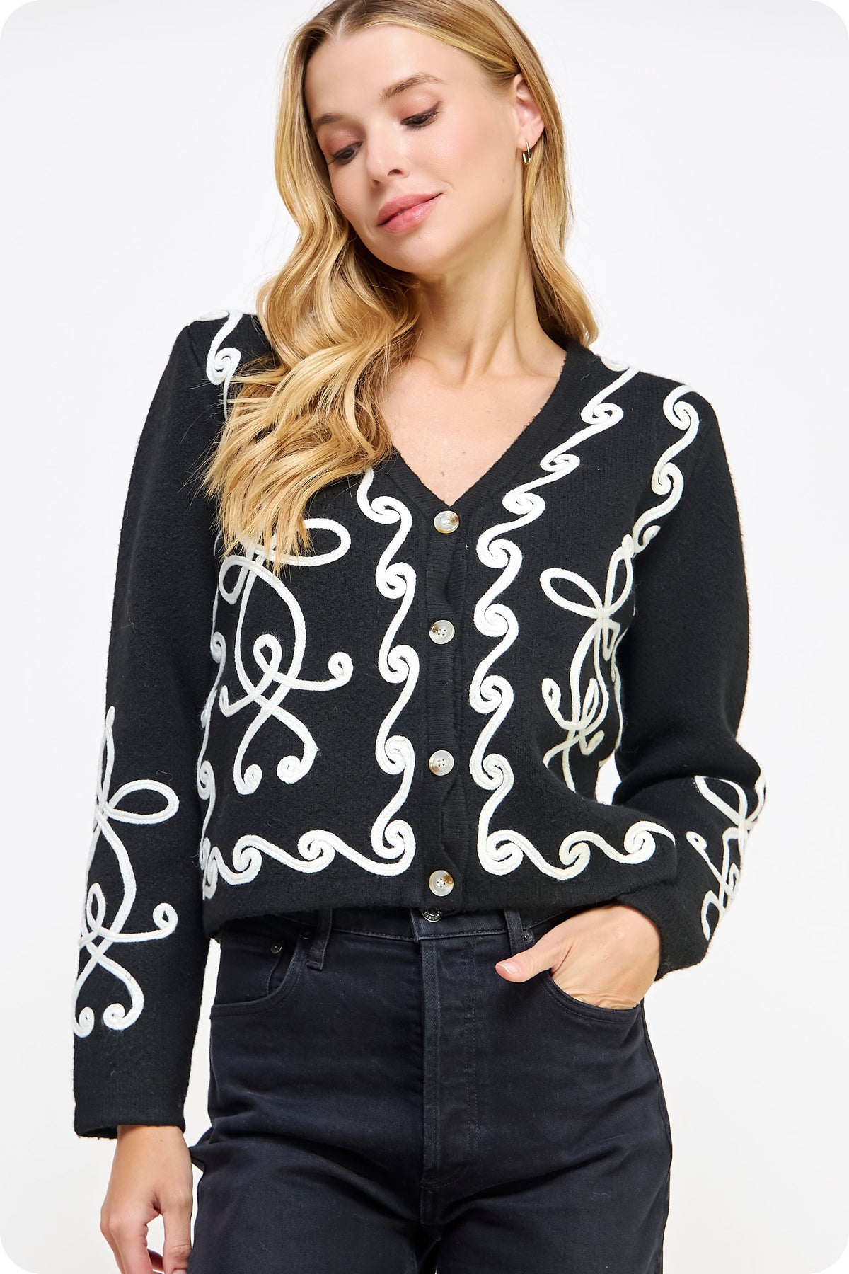 Contrast Squiggle Embroidered Cardigan Sweater in black/cream-front