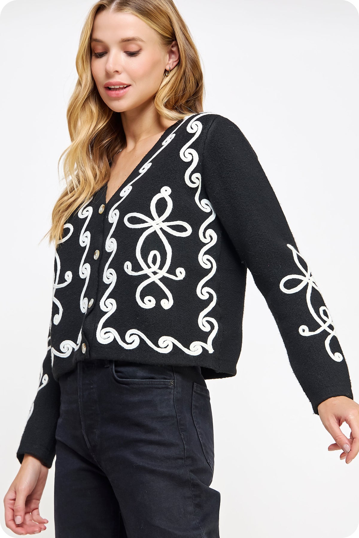 Contrast Squiggle Embroidered Cardigan Sweater in black/cream-side