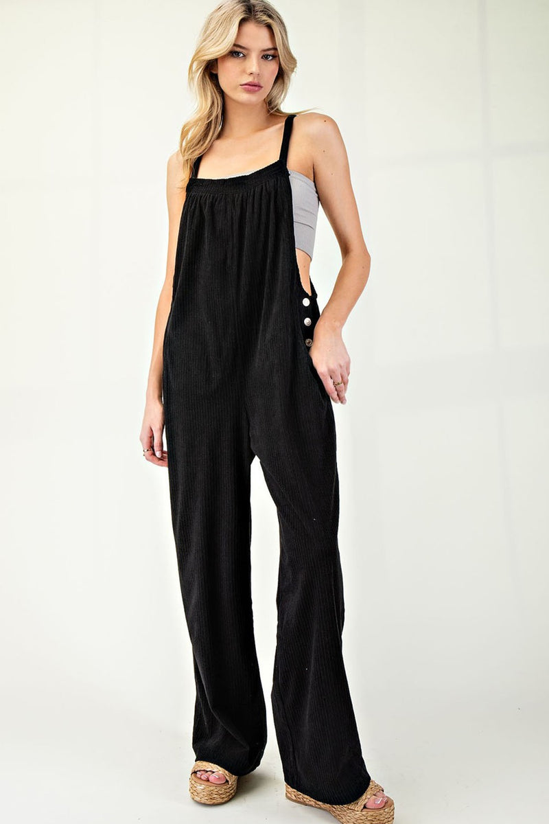 button detail corduroy overalls in black-front