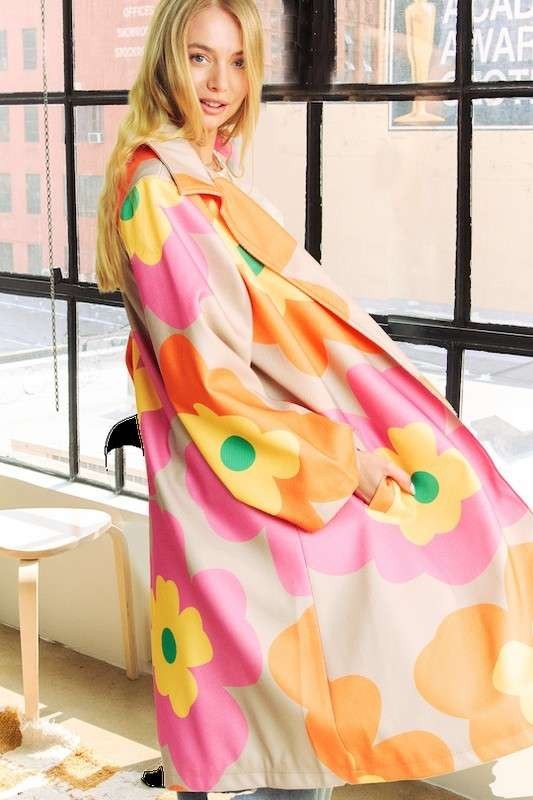 Retro Floral Bold Long Overcoat in Pink Orange