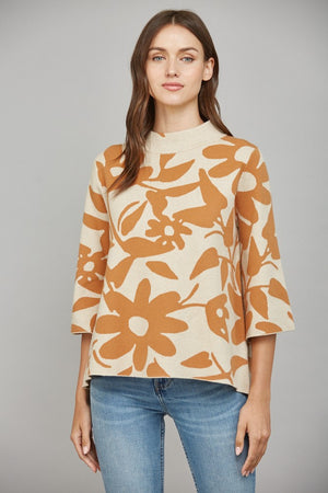 Golden Bloom Jacquard Bell Sleeve Sweater