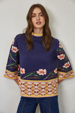 Pattern Jacquard  Mock Neck Sweater