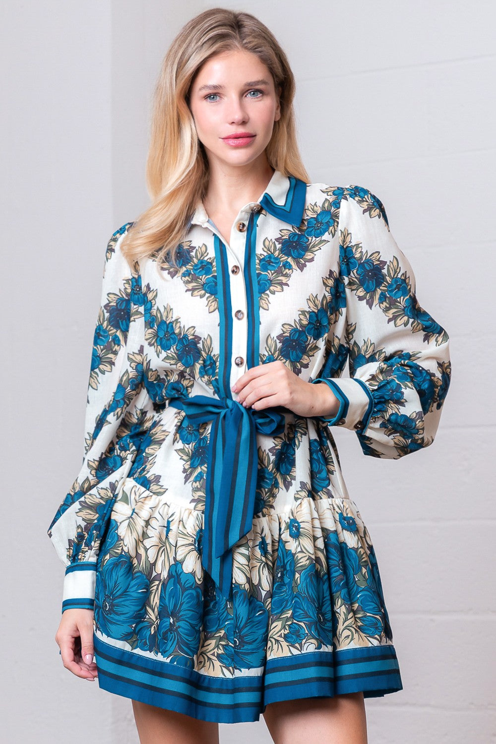 Blue Blooms Belted Shirt Dress
