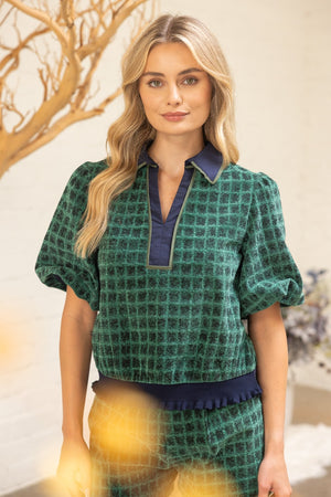 Contrast Collared Plaid V-Neck Top