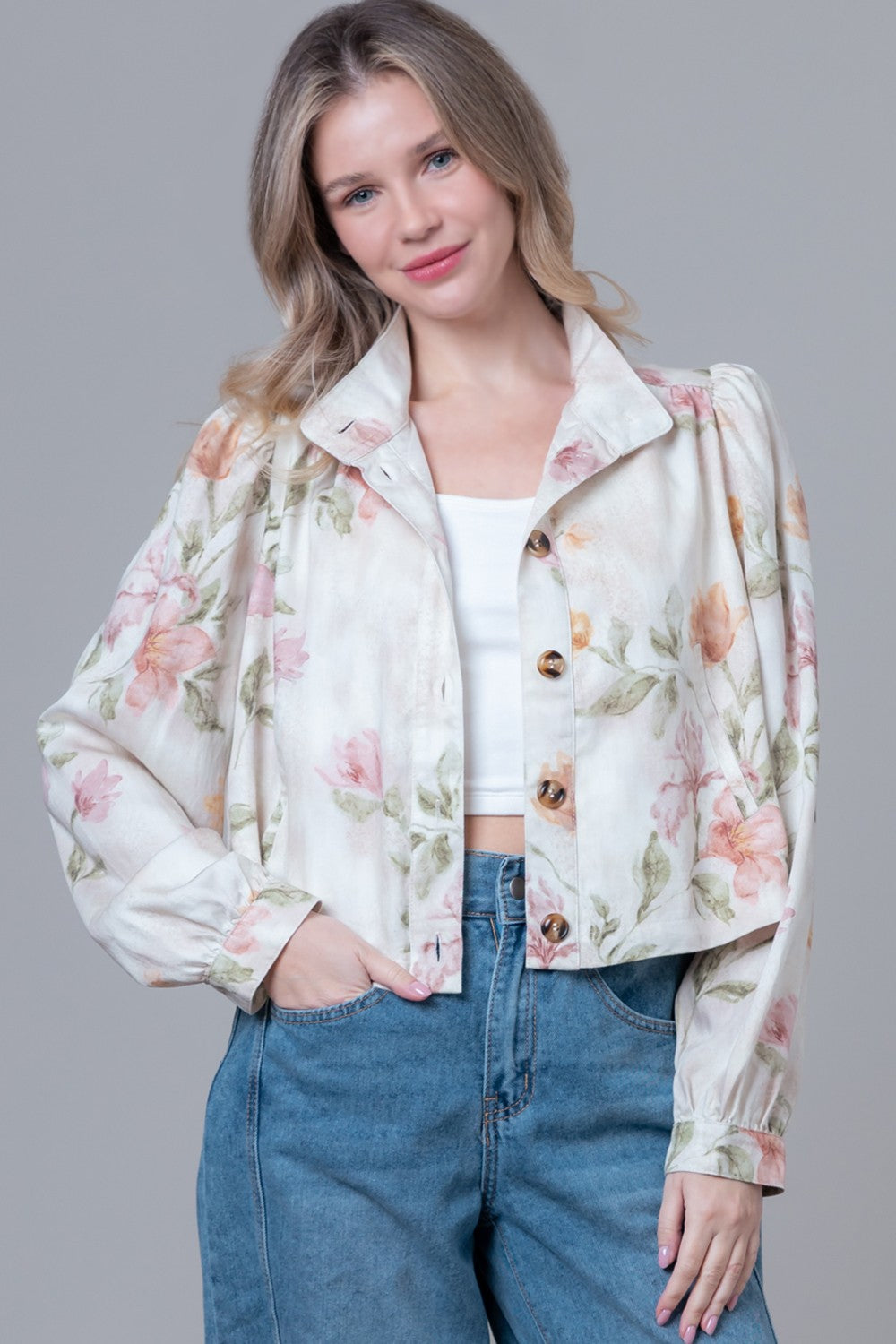 Romantic Floral Puff Sleeve Jacket
