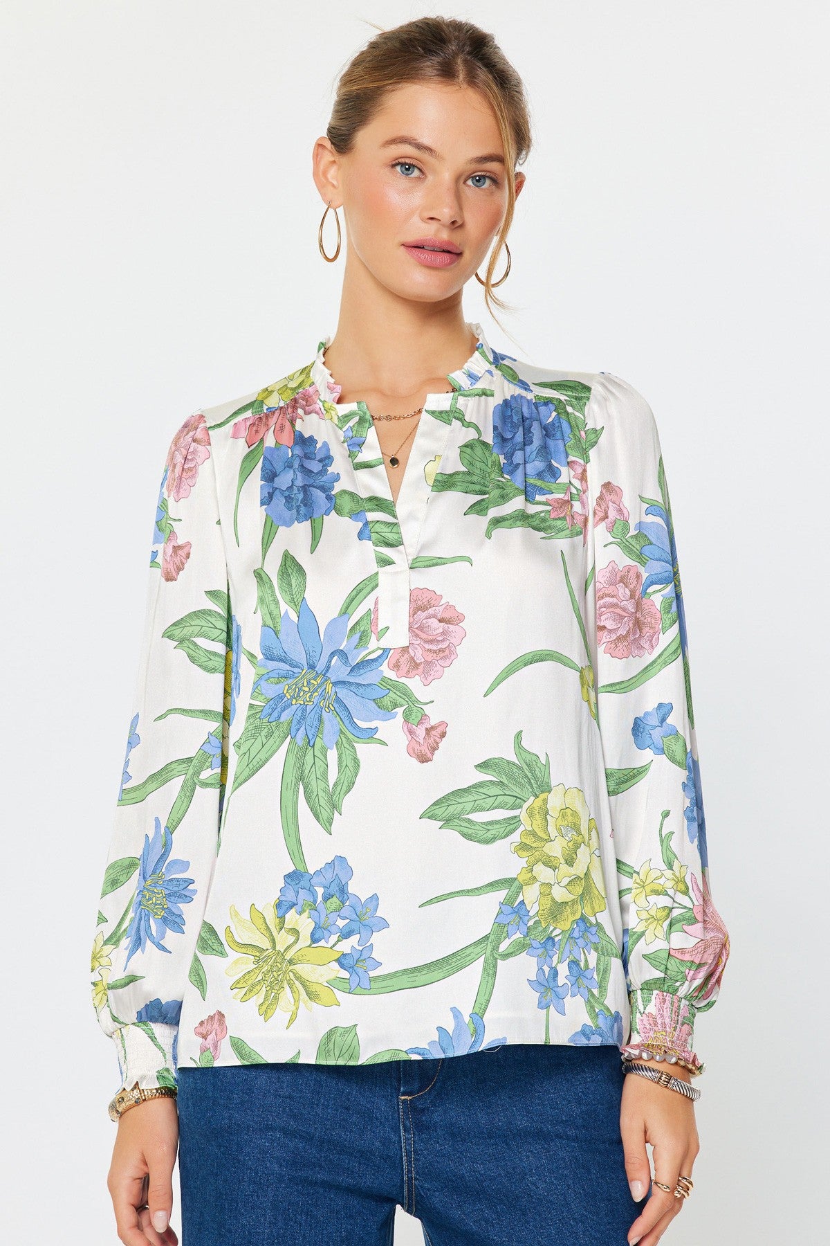 Botanical Ruffle Long Sleeve Blouse