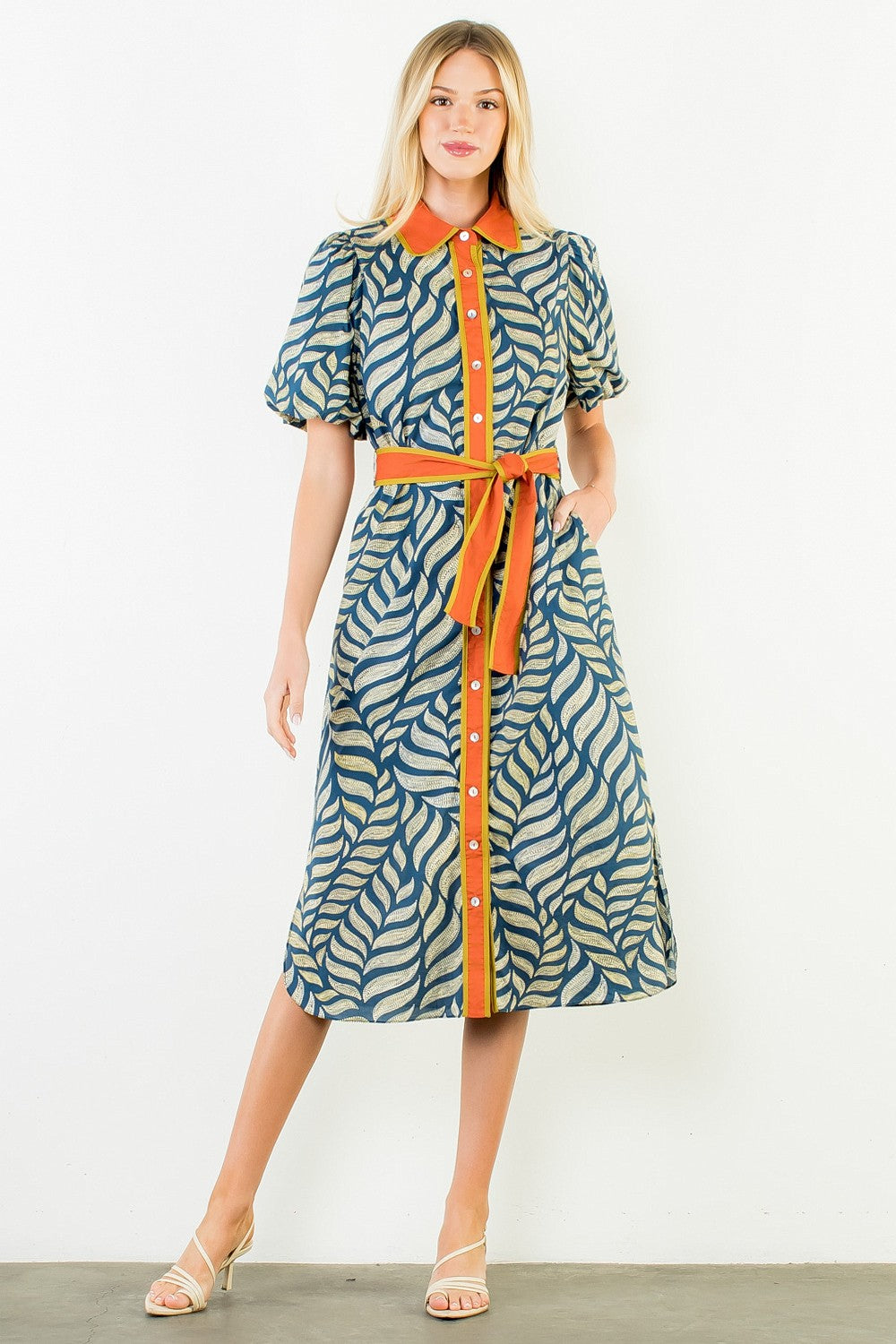 Color Pop Printed Puff Sleeve Midi Dress