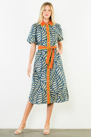 Color Pop Printed Puff Sleeve Midi Dress