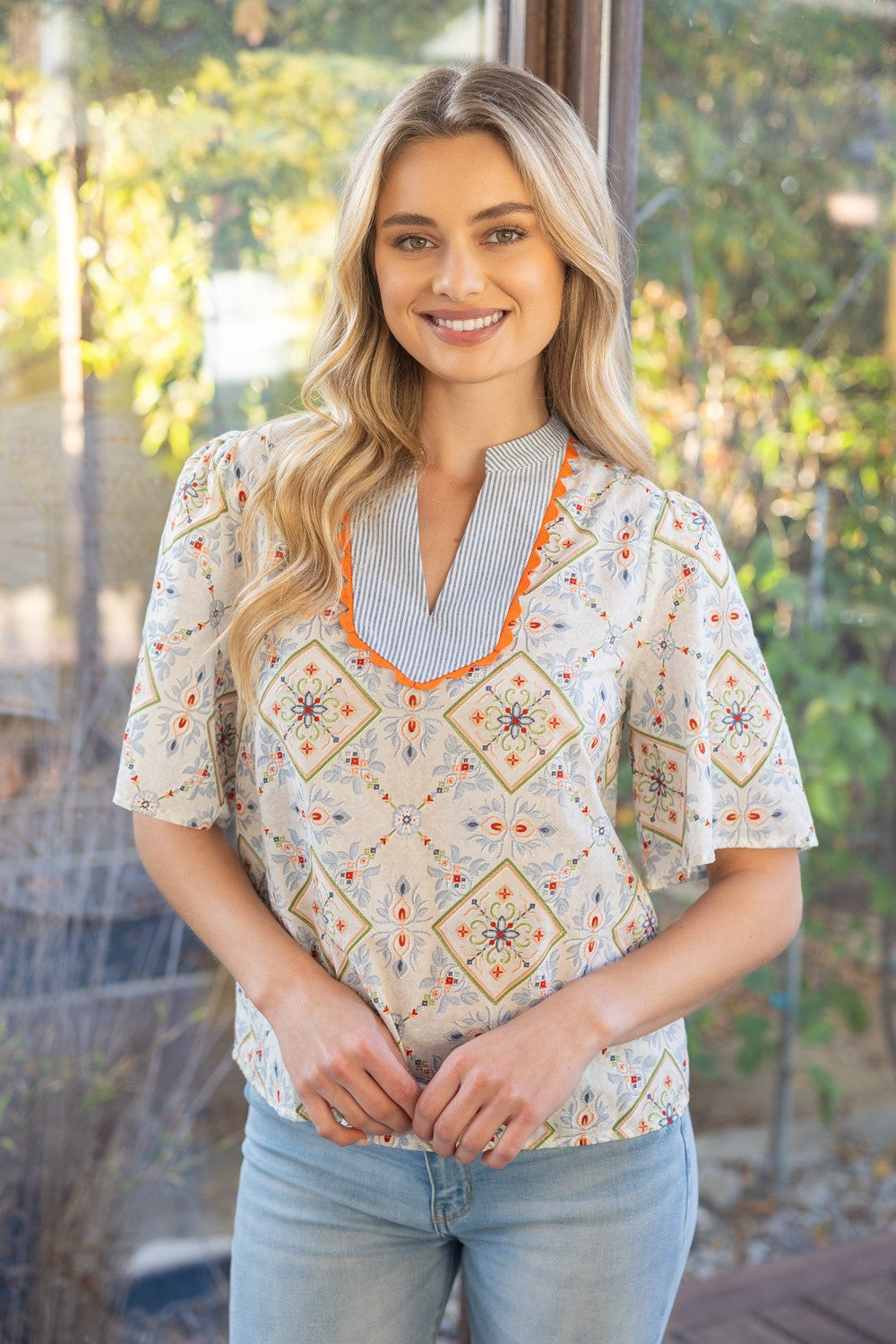 Coral Wave Striped Yoke Top