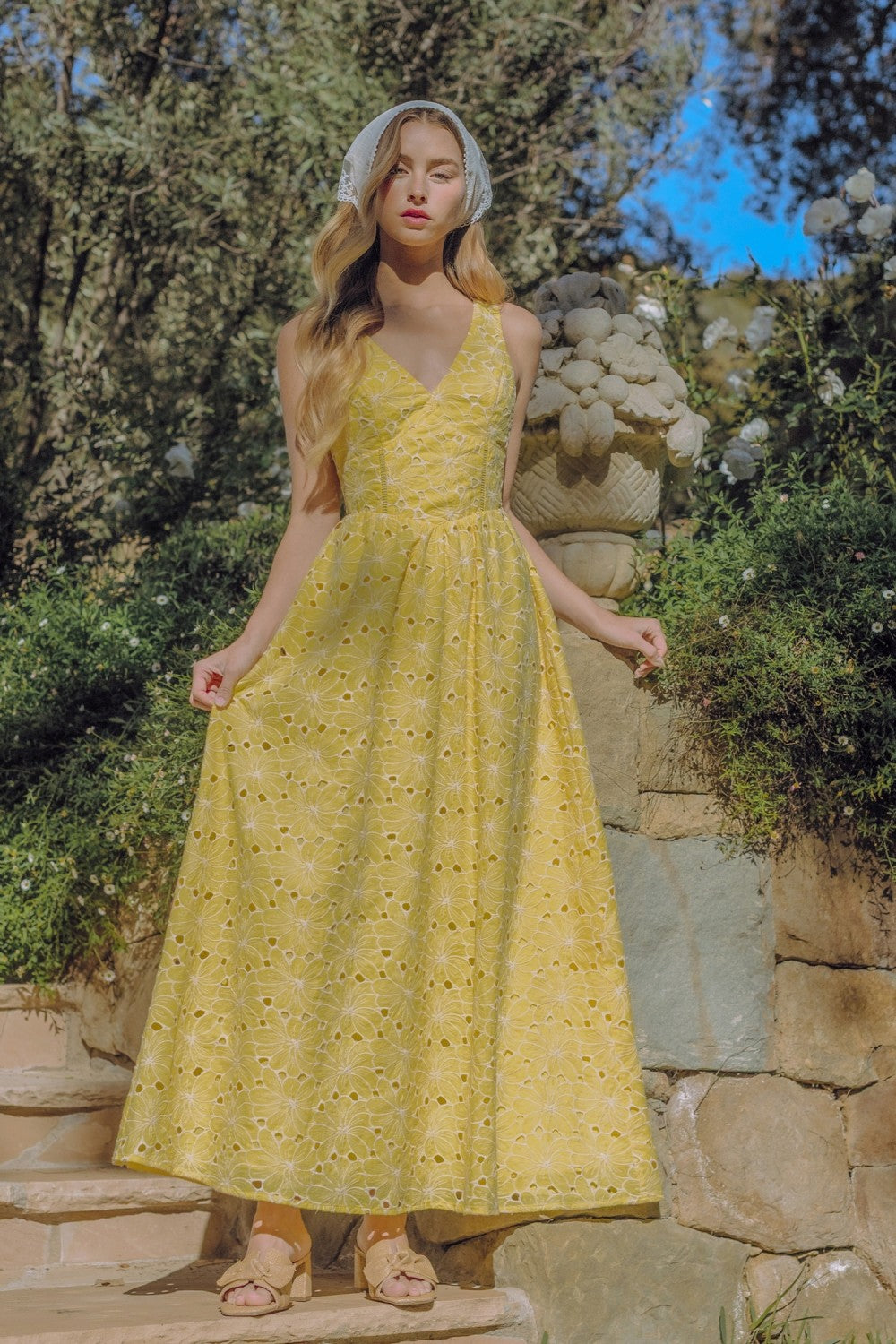 Golden Garden Eyelet V-Neck Maxi Sundress