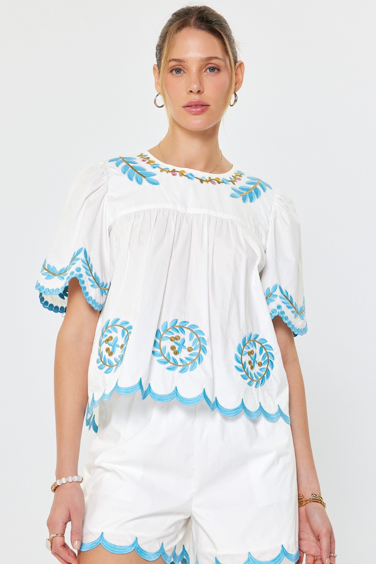 Embroidered Scallop Peasant Blouse