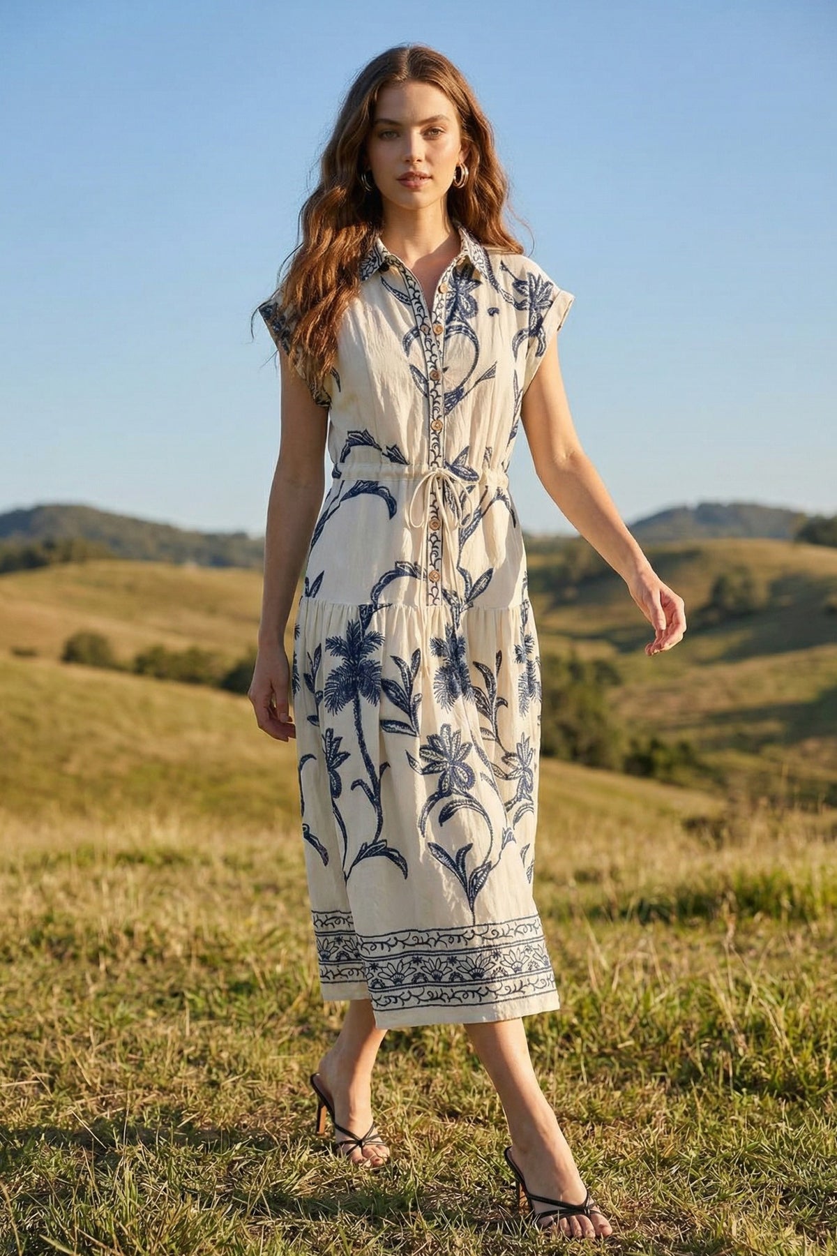 Tie-Front Floral Button-Down Midi Dress