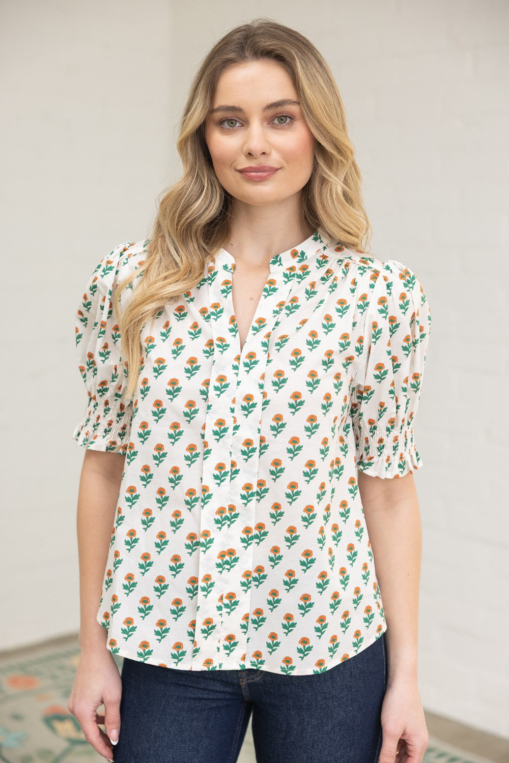 Smocked Cuff Floral Print Top
