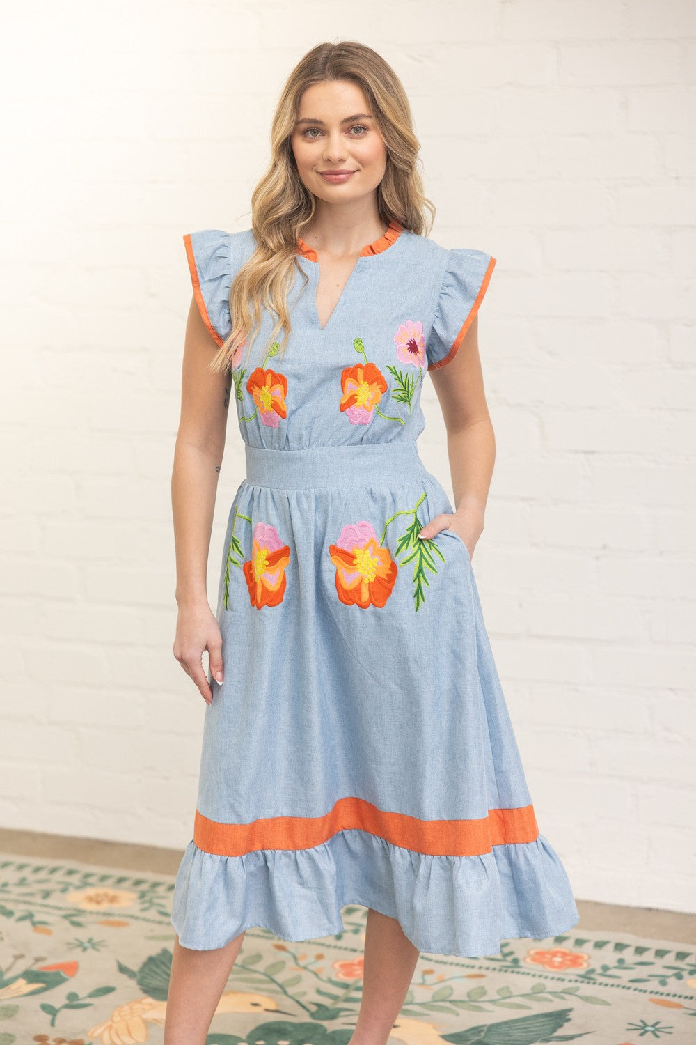 Blue Meadow Embroidered Midi Dress