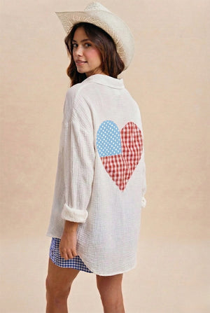 American Flag Check Heart Patch Shirt