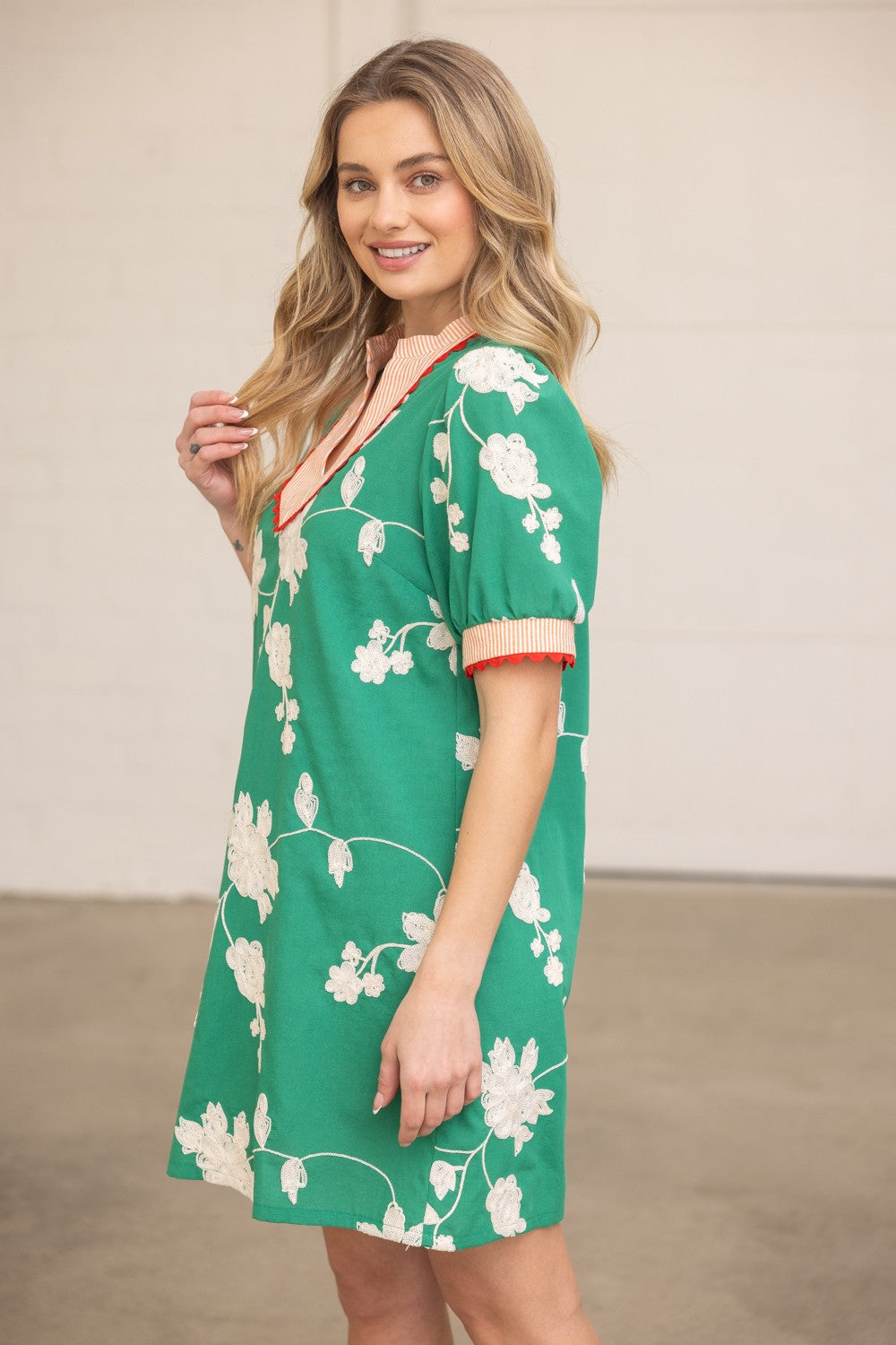 Coastal Stripe Scallop Floral Embroidered Puff Sleeve Mini Dress – Bliss