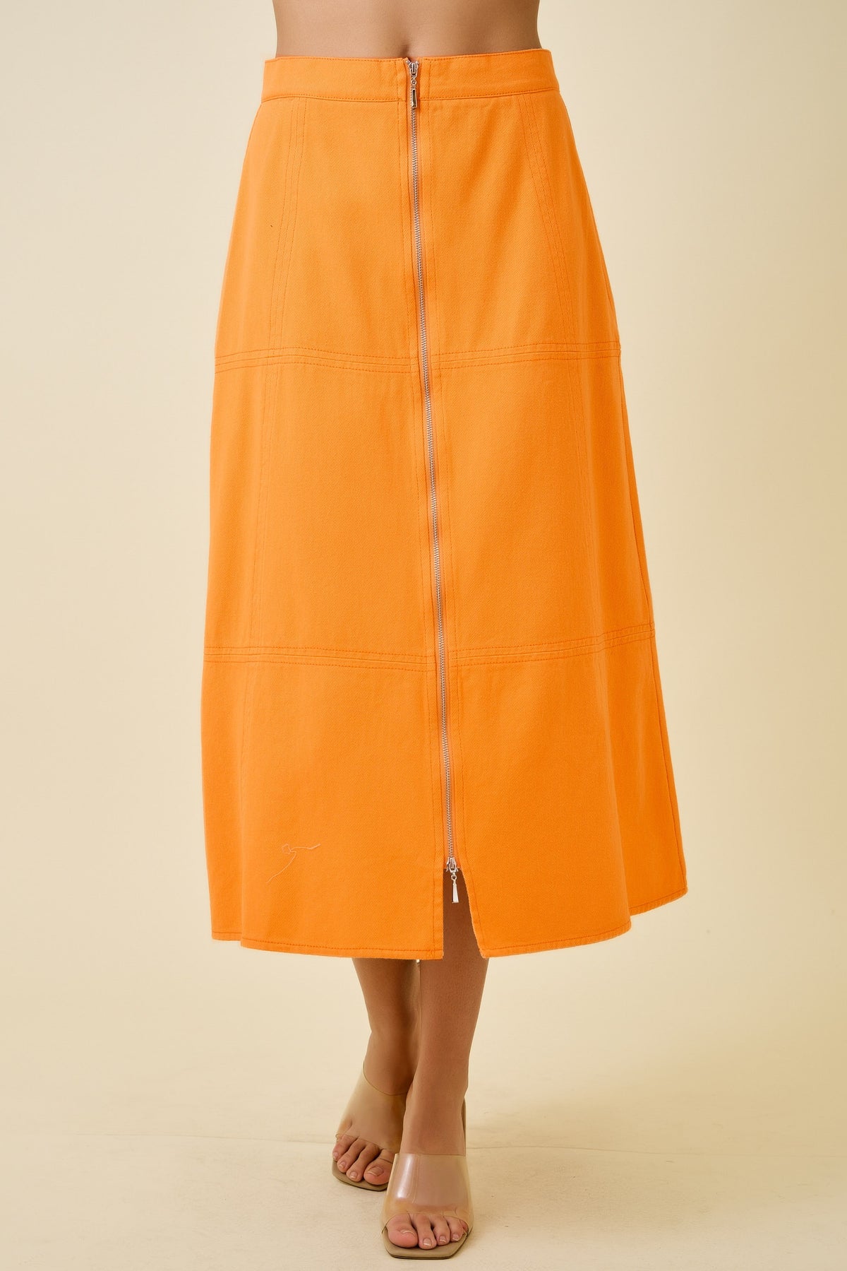 Big Orange Zip Front Denim Midi Skirt