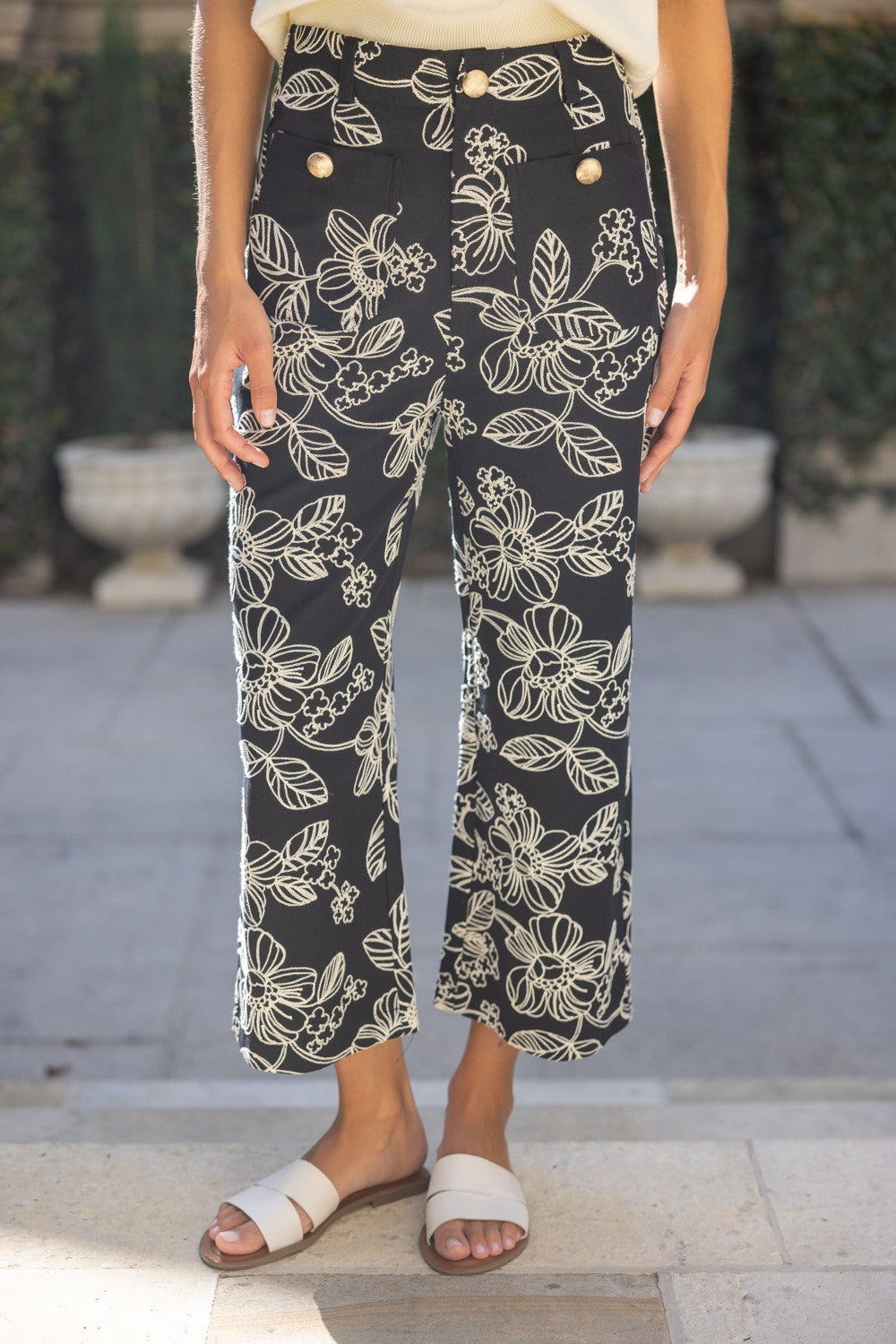 Golden Bloom Floral Embroidered Wide Leg Pants