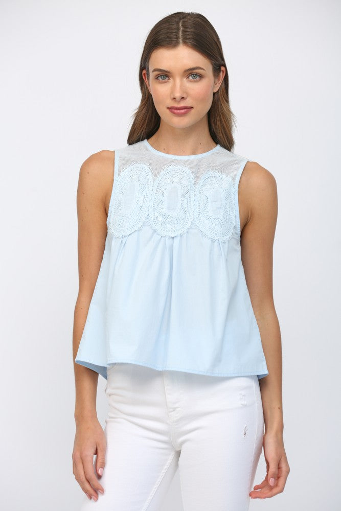 Mesh Yoke Lace Trim Sleeveless Top