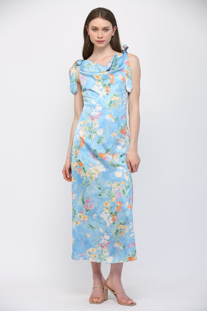 Tie-Shoulder Floral Satin Midi Dress – Bliss