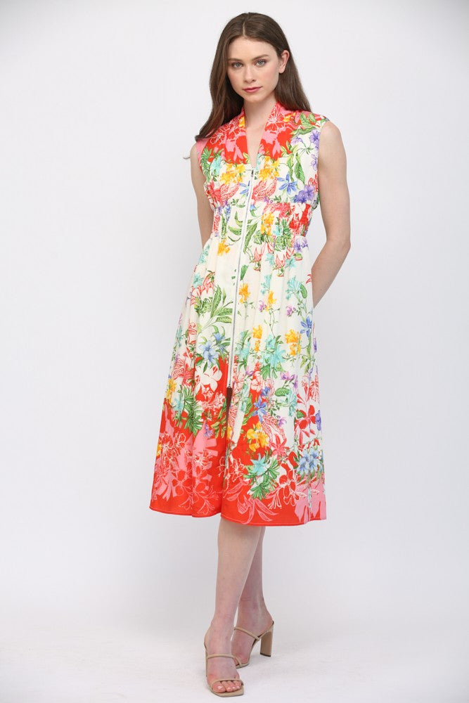 Tropical Bloom Zip Midi Dress