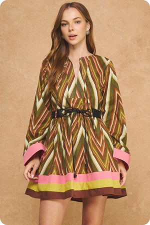 Countryside Chevron Color Block Belted Mini Dress