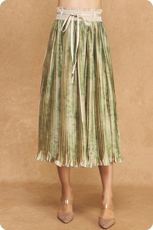 September Stripe Pleated Satin Midi Skirt