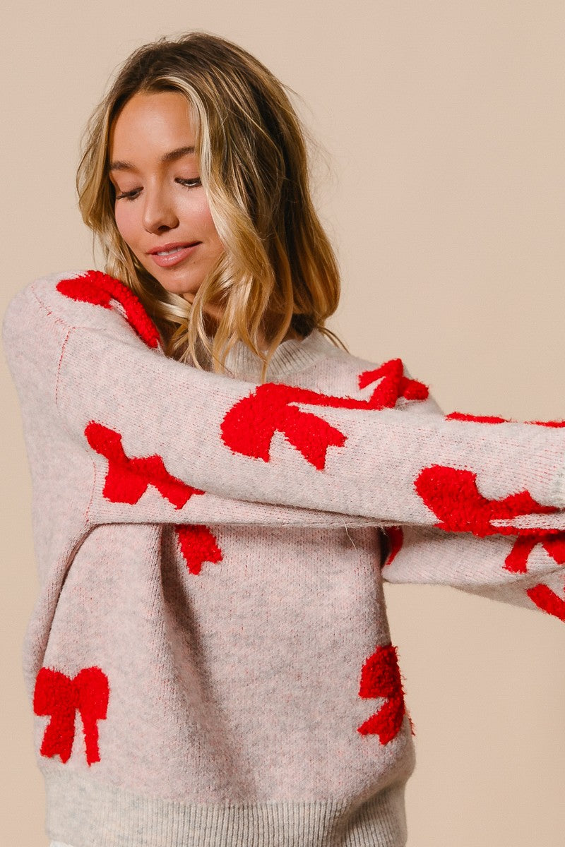 Ribbon Bow Pattern Sweater oatmeal with red bows-front