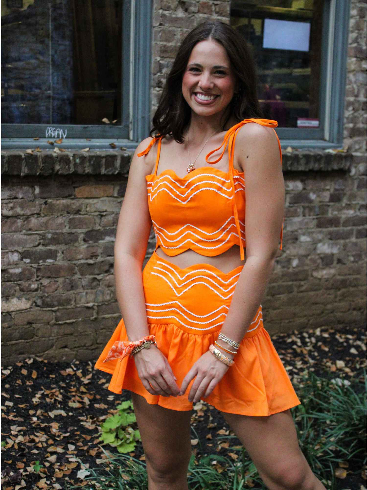 Orange & White Ric Rac Gameday Crop Top & Skort Set