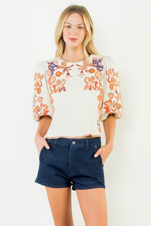 Botanical Garden Embroidered Puff Sleeve Top