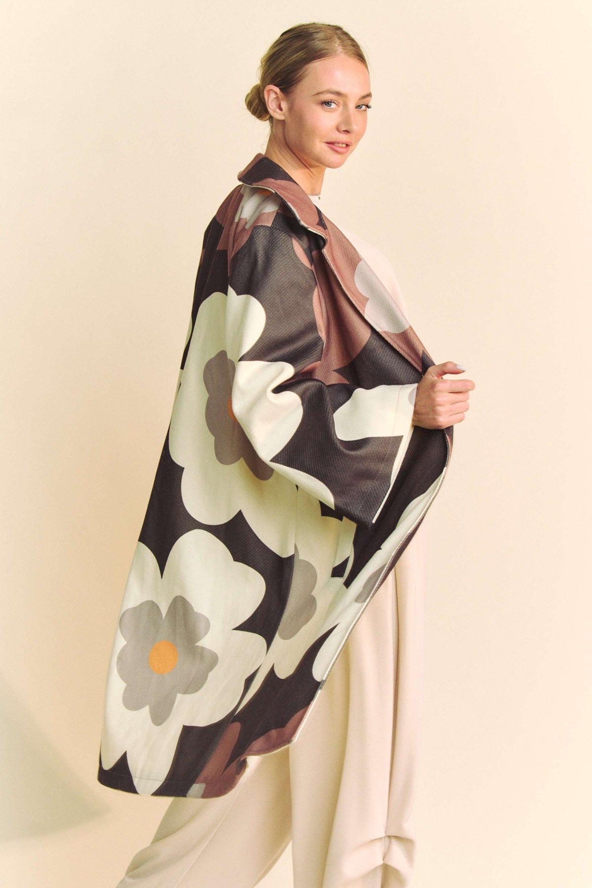 Retro Floral Bold Long Overcoat in Mocha Brown