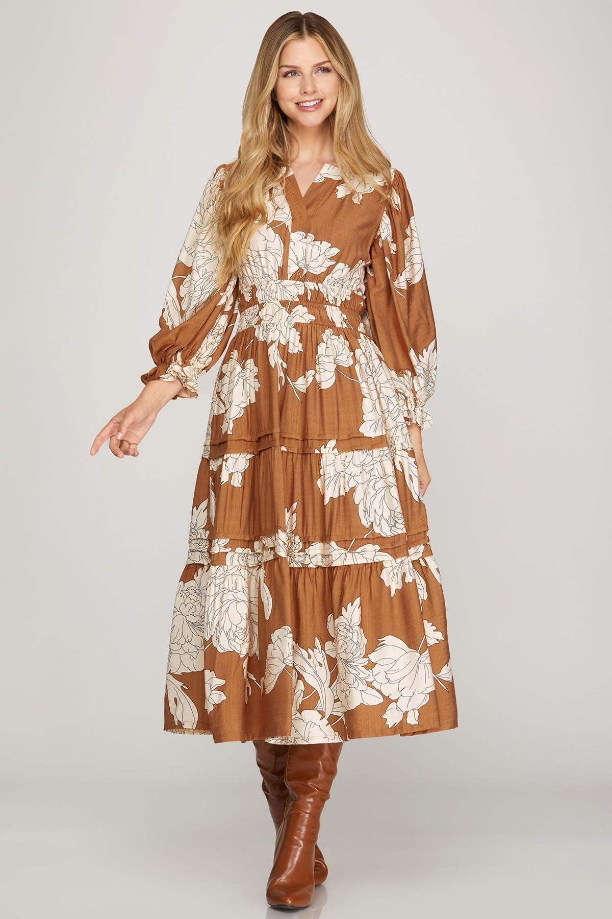 Caramel Harvest Tiered Midi Dress