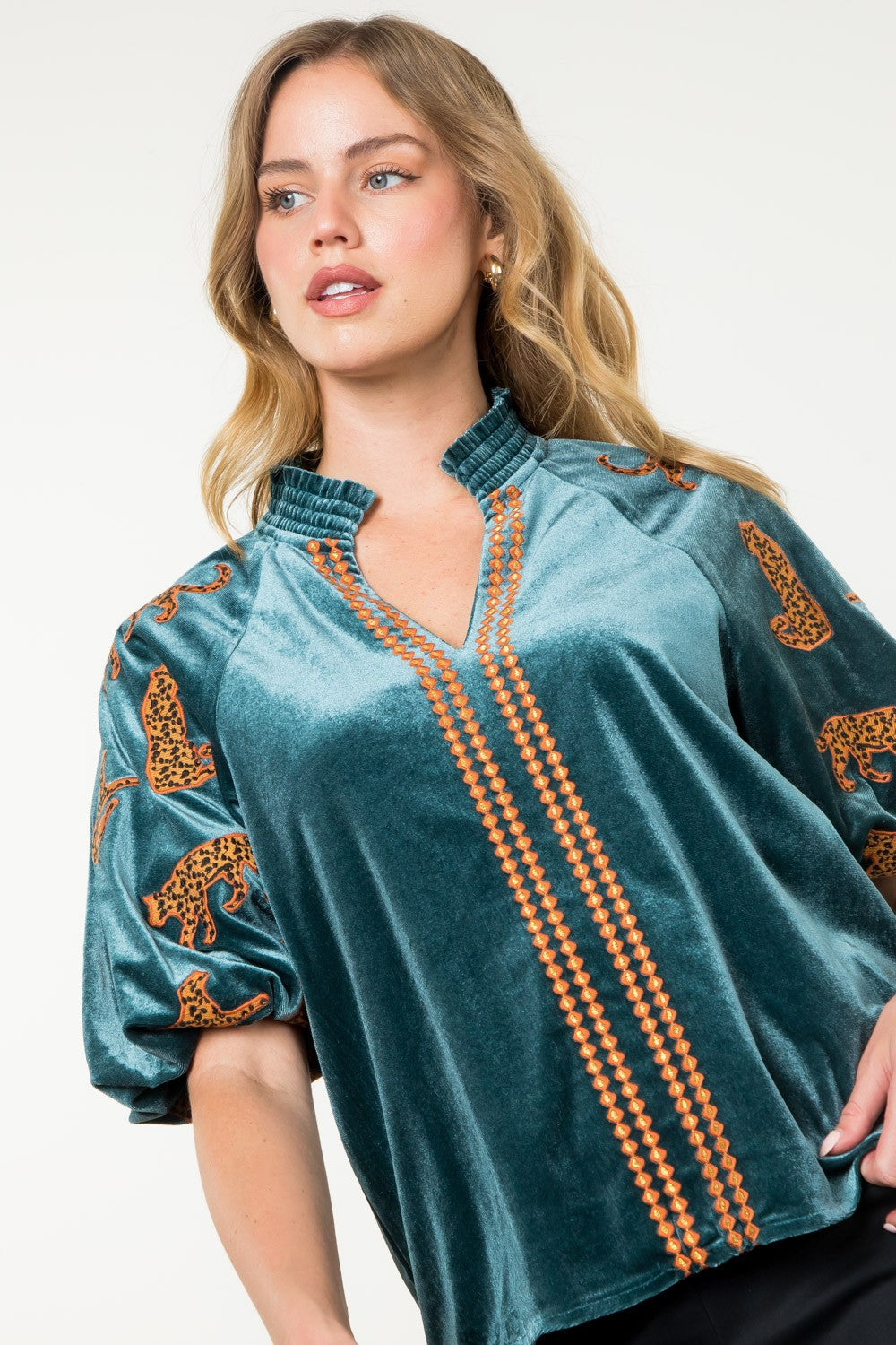 Velvet Puff sleeve Embroidered Top in teal-front