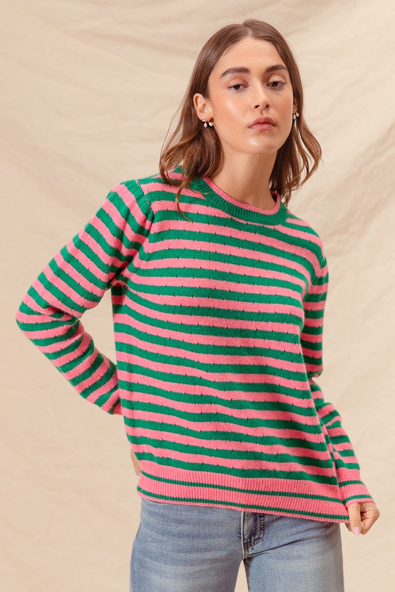 Two Color Stripe Sweater in jade pink-front