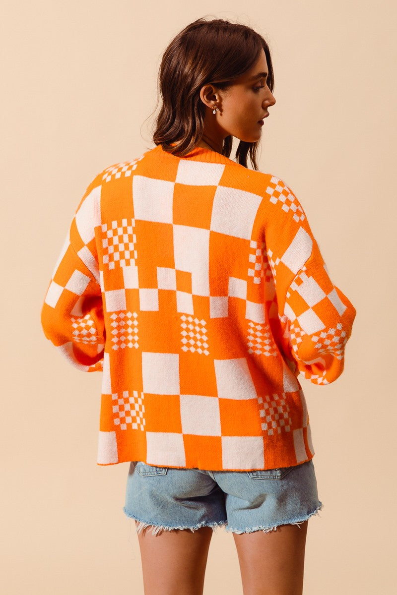 Checkerboard Open Front Cardigan in orange and white-back