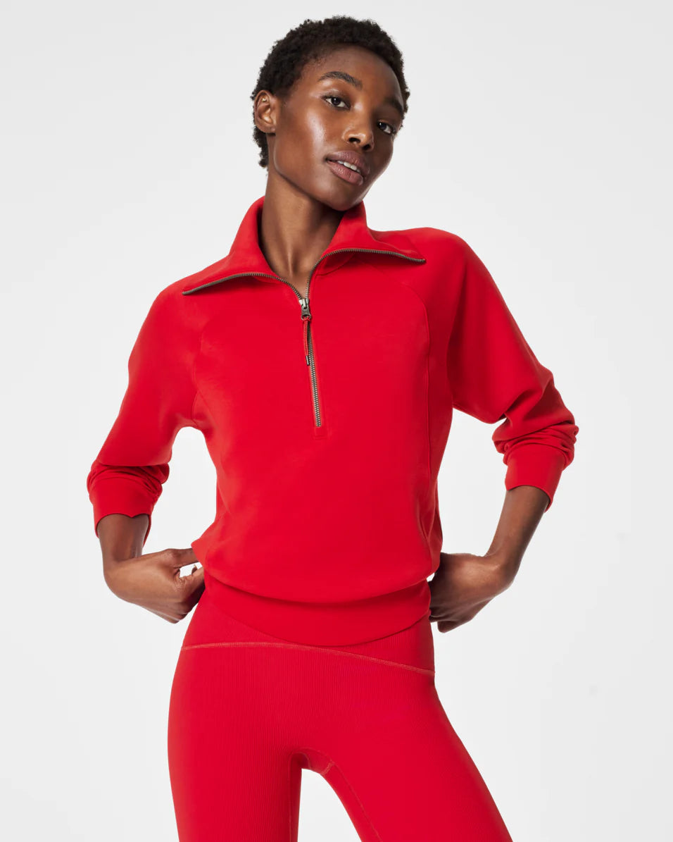 spanx airessentials half zip in red- front view