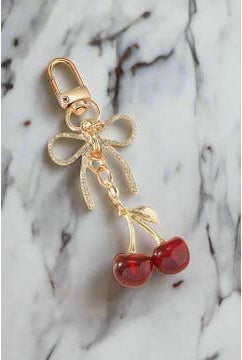 bag charm red cherry gold bow rhinestones keychain