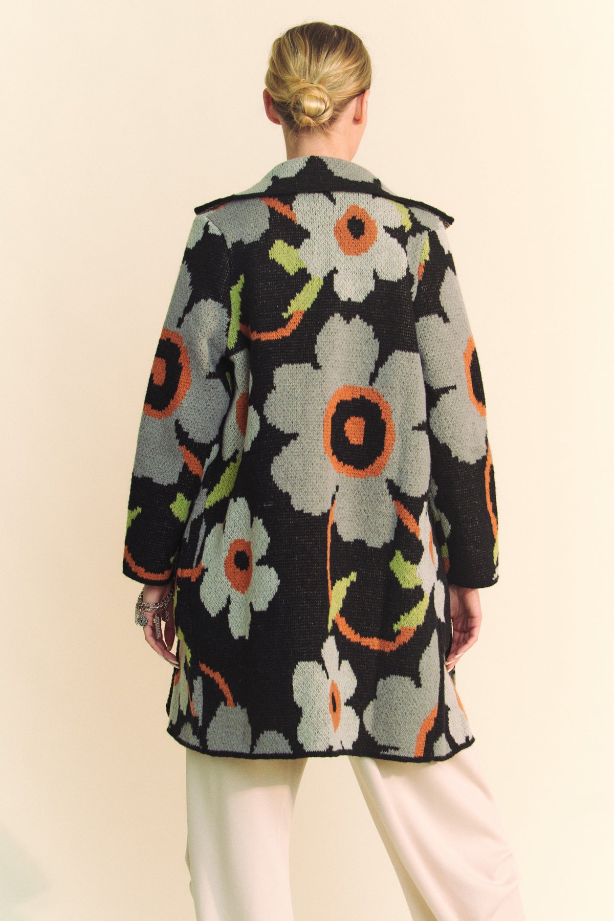 floral print button down cardigan in black-back