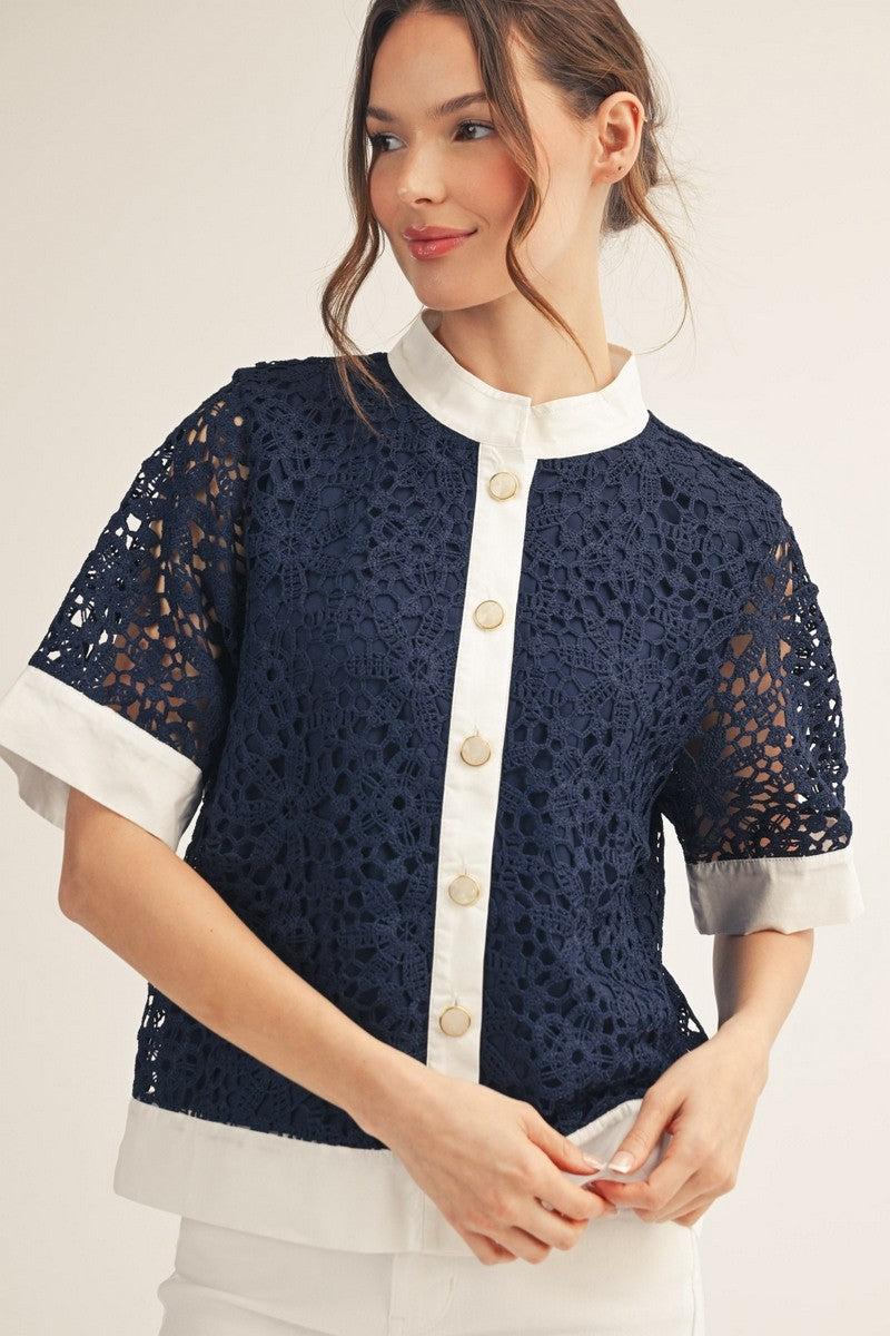 Contrast Trim Crochet Button-Down Top