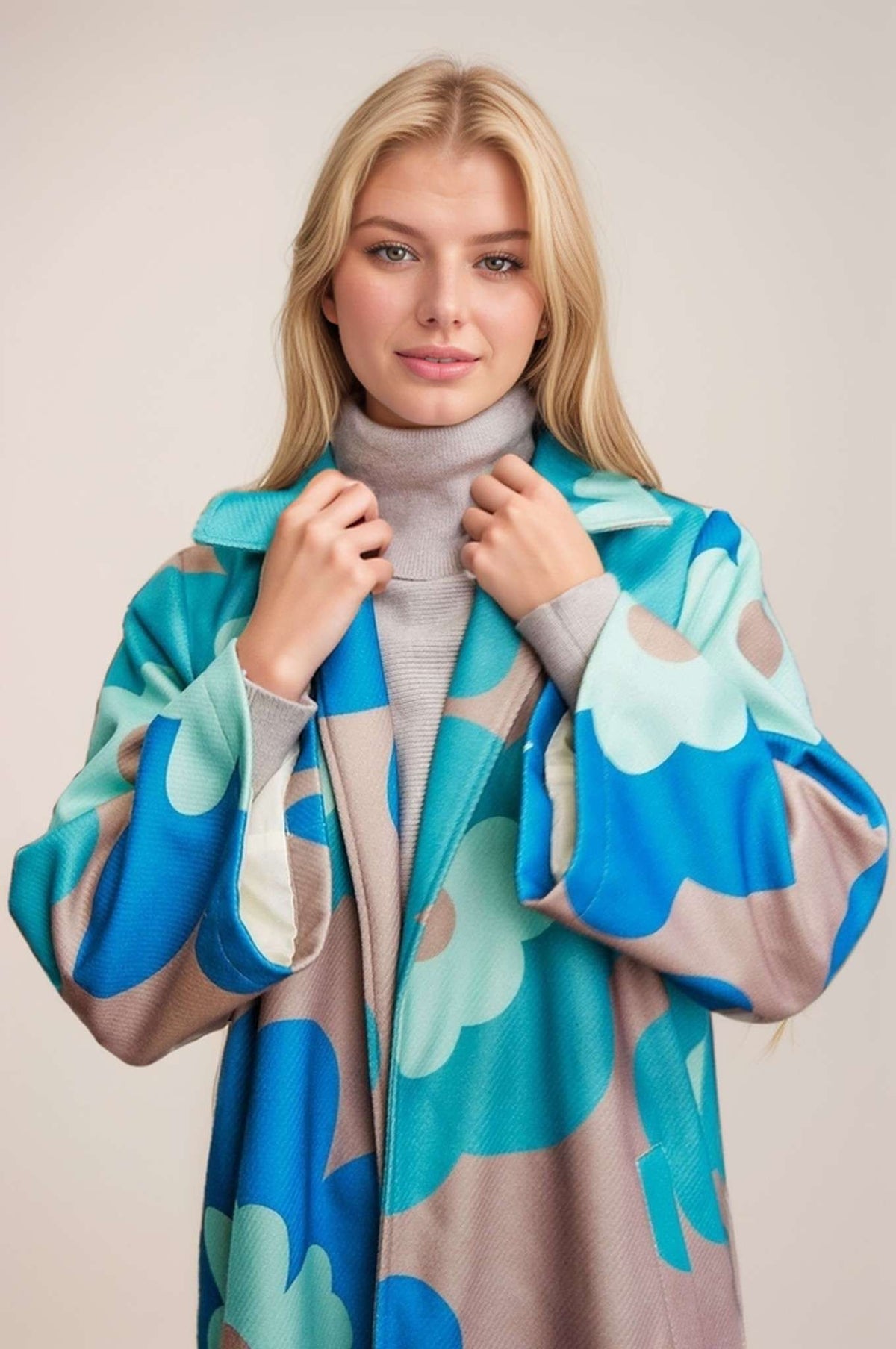 Retro Floral Bold Long Overcoat in Teal Green