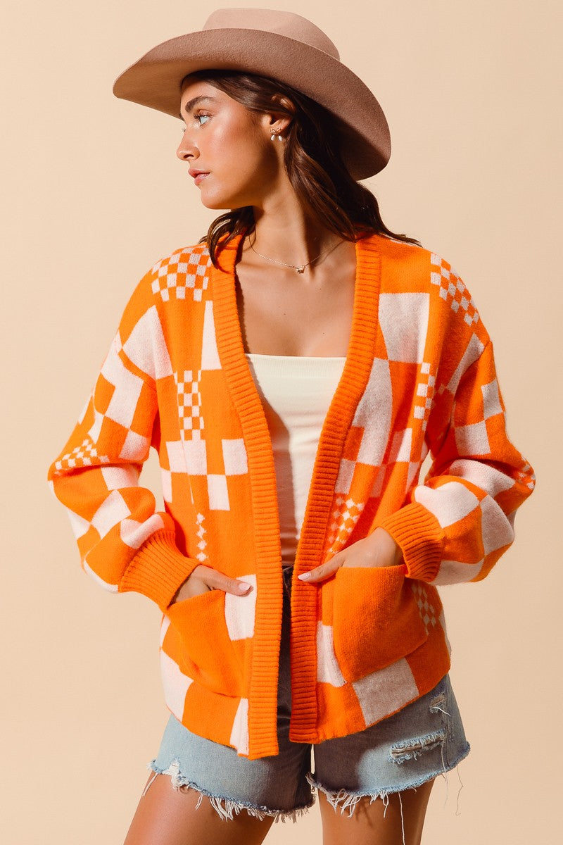 Checkerboard Open Front Cardigan in orange and white-front