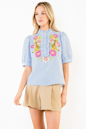 Tropical Muse Embroidered Stripe Top
