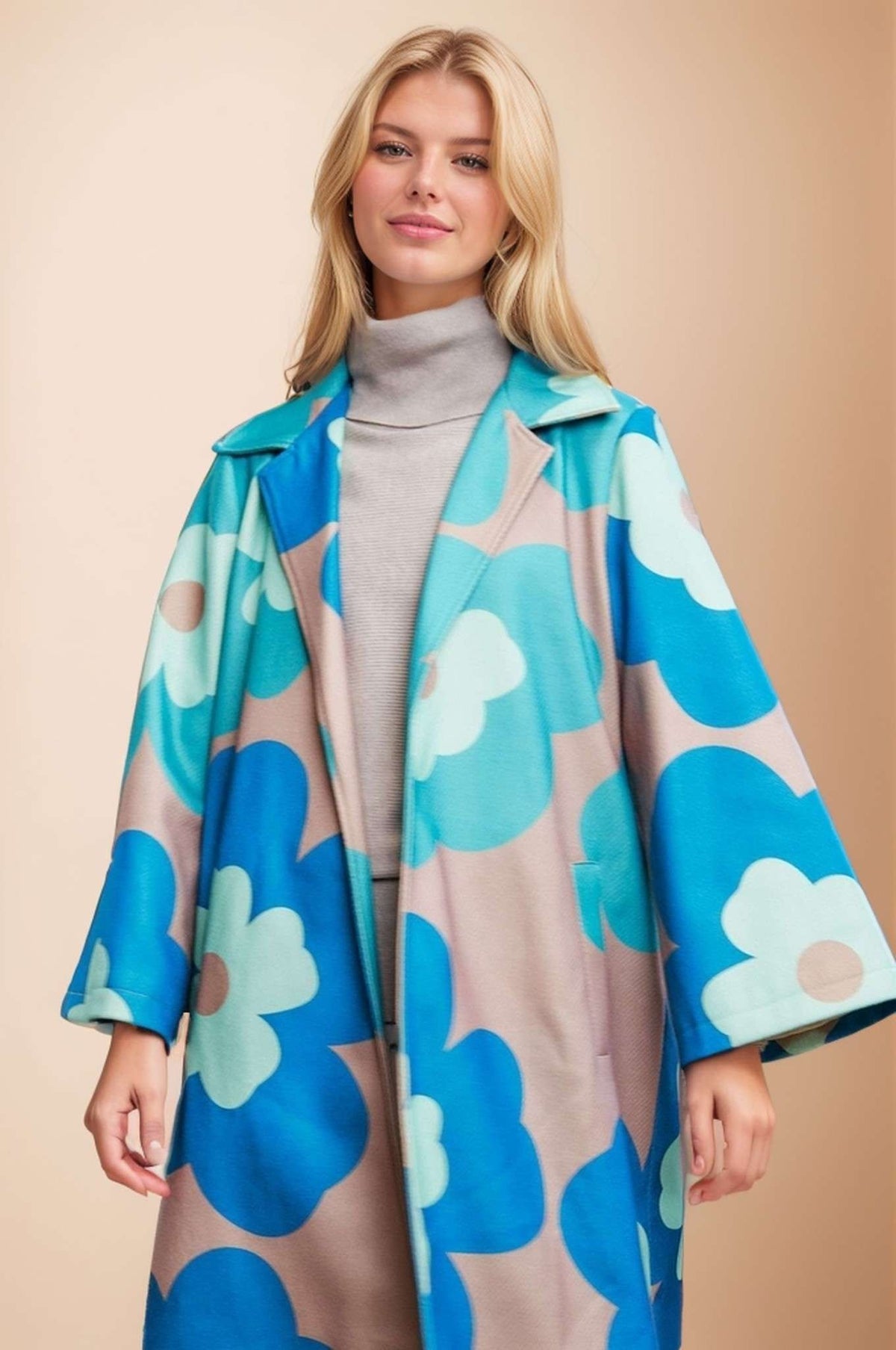 Retro Floral Bold Long Overcoat in Teal Green