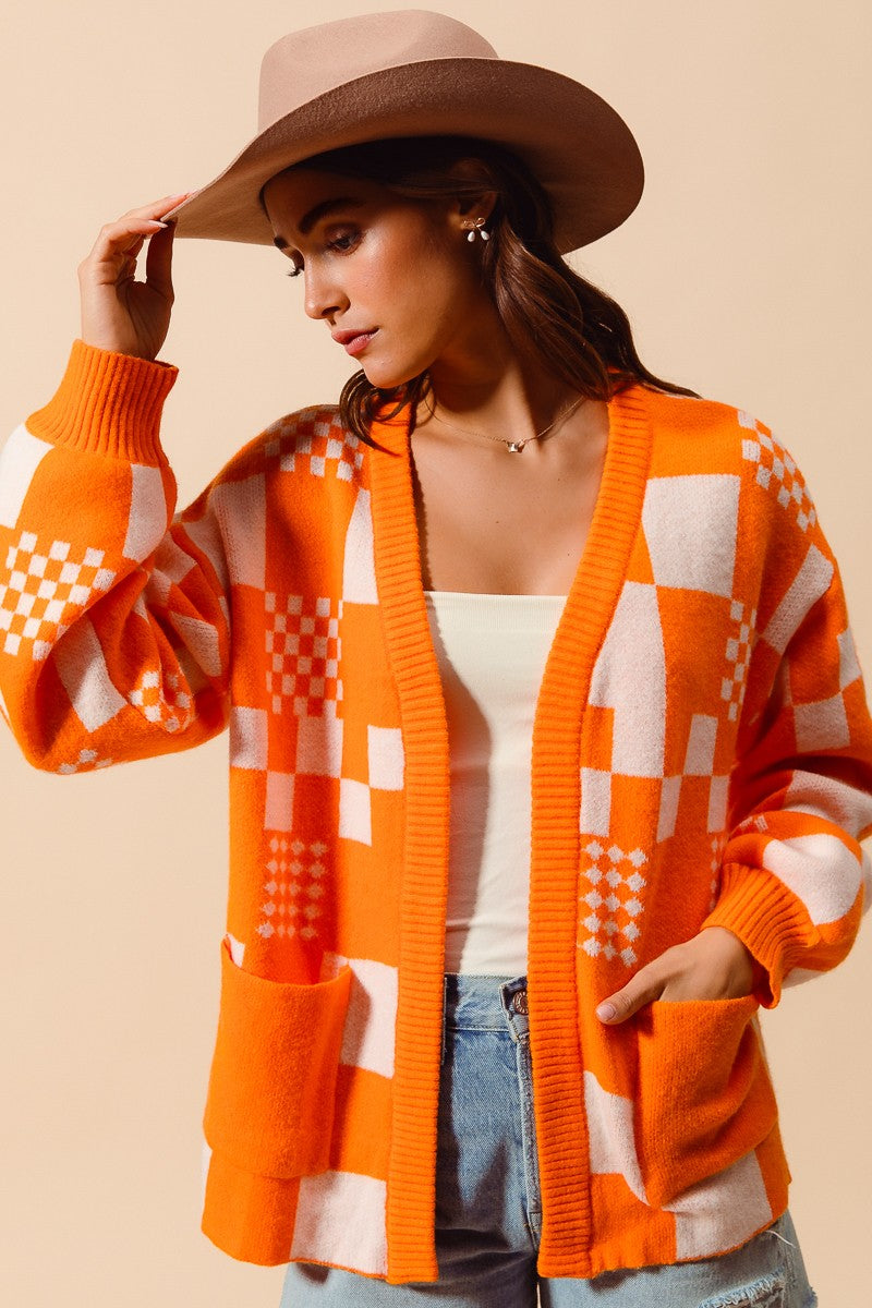 Checkerboard Open Front Cardigan in orange and white-front