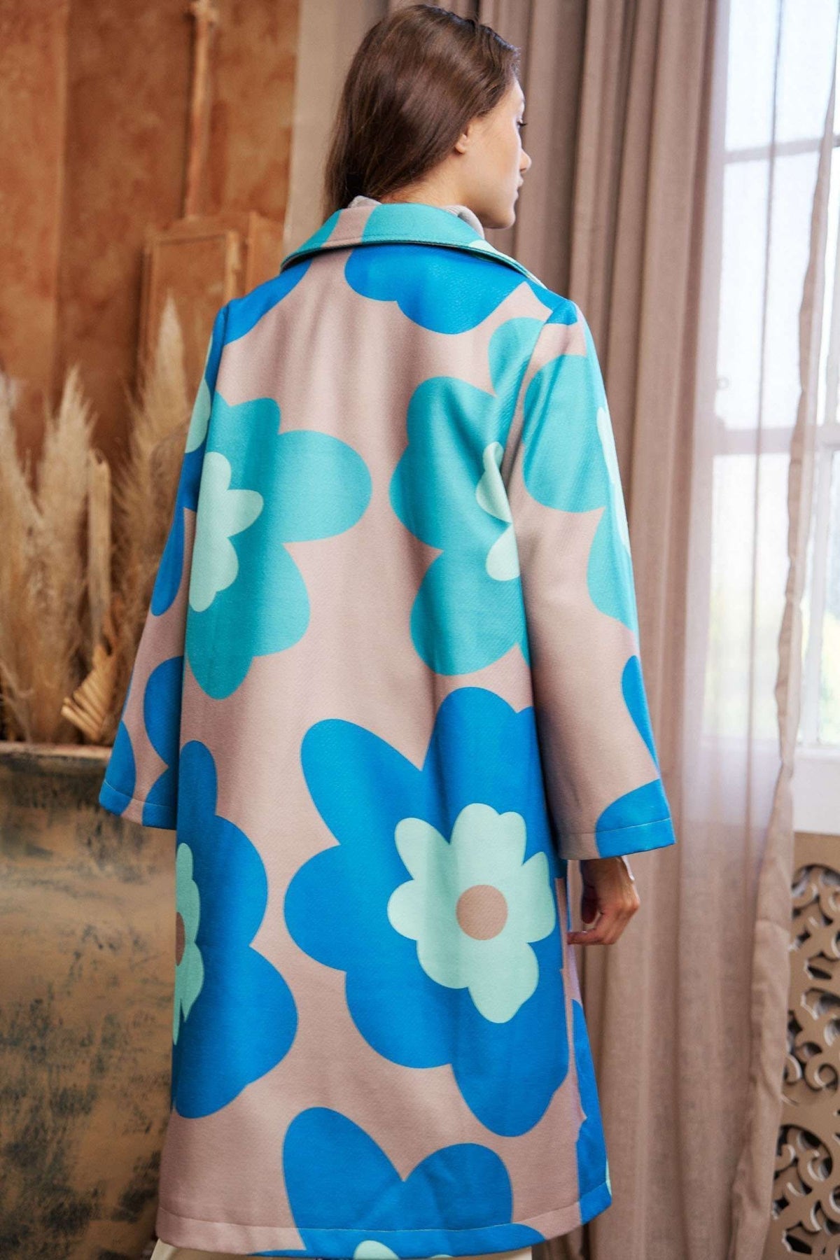 Retro Floral Bold Long Overcoat in Teal Green