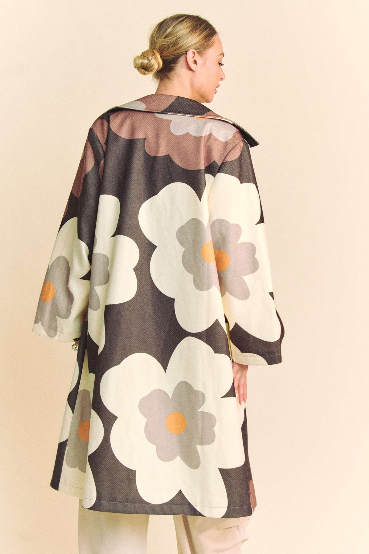 Retro Floral Bold Long Overcoat in Mocha Brown