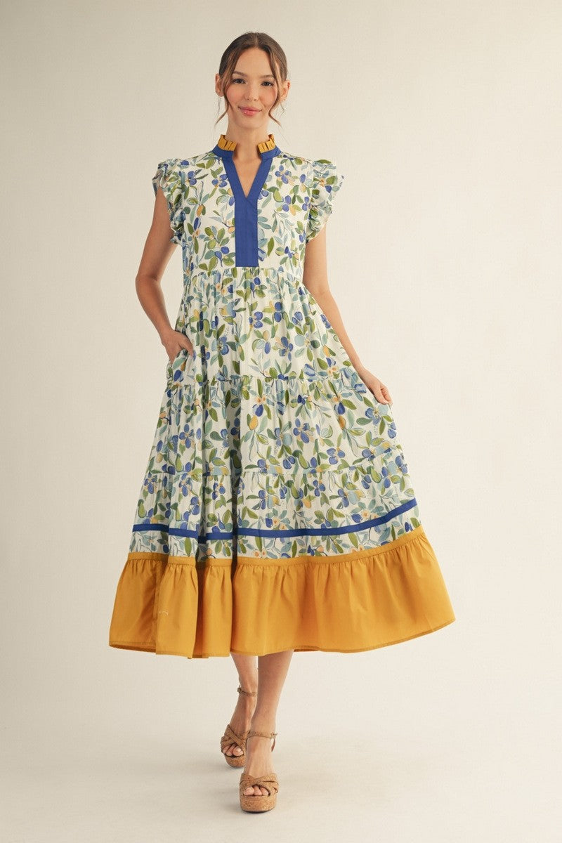 Blooming Contrast Tiered Midi Dress