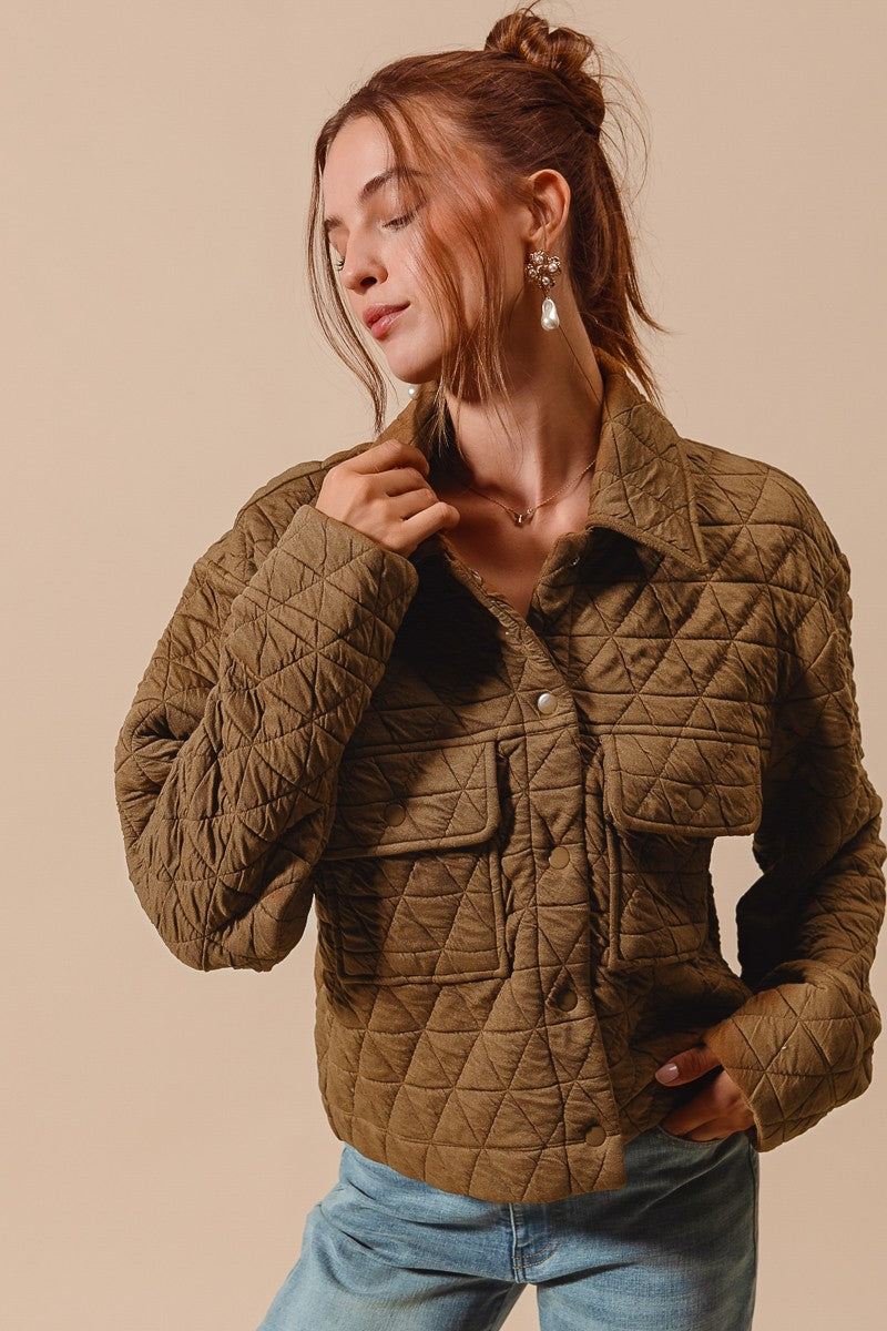 triangle quilting stitch button jacket in mocha-front