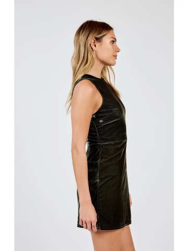 Midnight Oil Velvet Mini Dress in dark moss-side